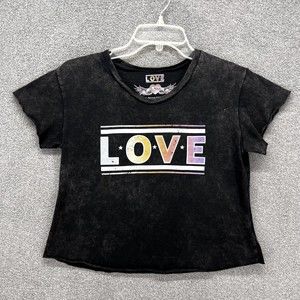 So Nikki Tee Top T-Shirt Cropped Girls Black Short Sleeve LOVE Graphic Print